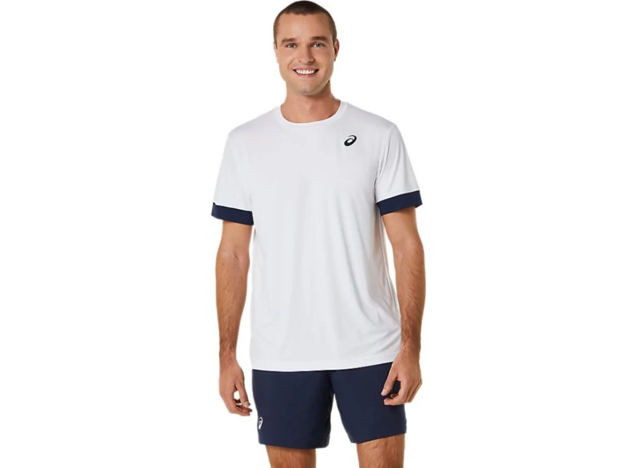ASICS Men's Court Short Sleeve Tennis Top in Brilliant White & Midnight