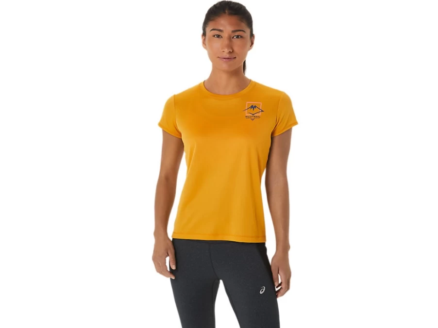 ASICS Women's Fujitrail Logo Short Sleeve Top in Sandstorm