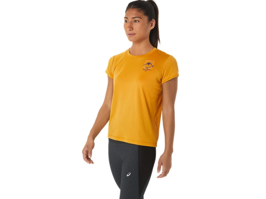 ASICS Women's Fujitrail Logo Short Sleeve Top in Sandstorm