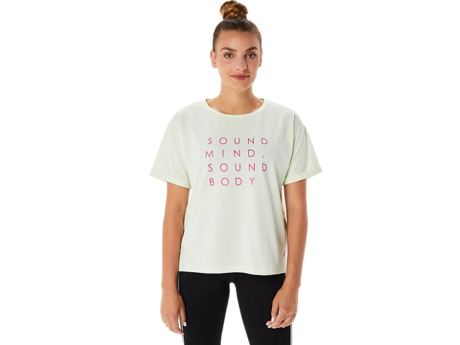 ASICS Women's Whisper Green Relaxed Fit Graphic Training Tee for Core Workouts