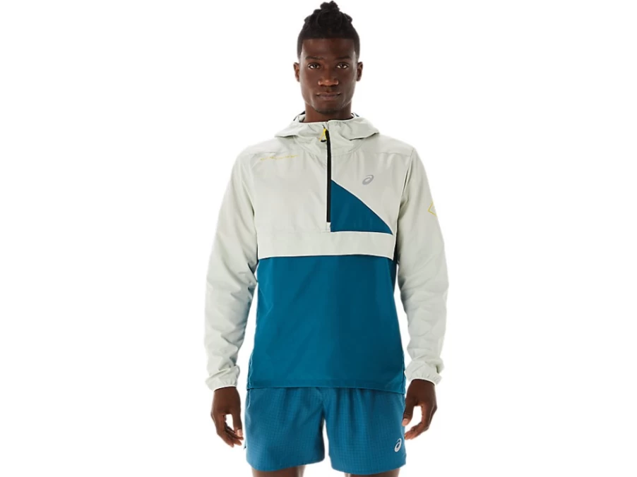 ASICS Fujitrail Anorak Jacket for Men - Ink Teal/Light Sage Water-Resistant Running Shell