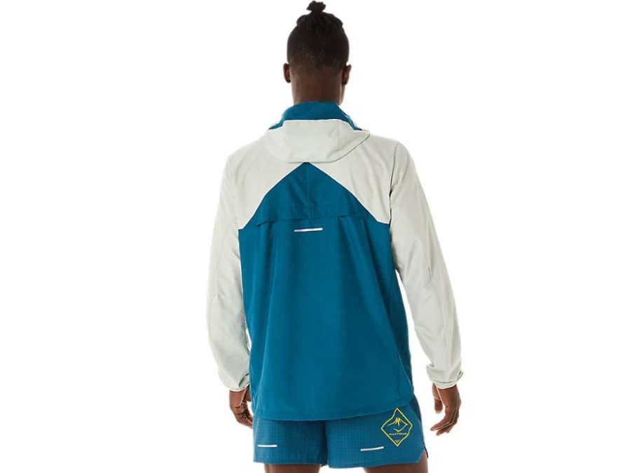 ASICS Fujitrail Anorak Jacket for Men - Ink Teal/Light Sage Water-Resistant Running Shell