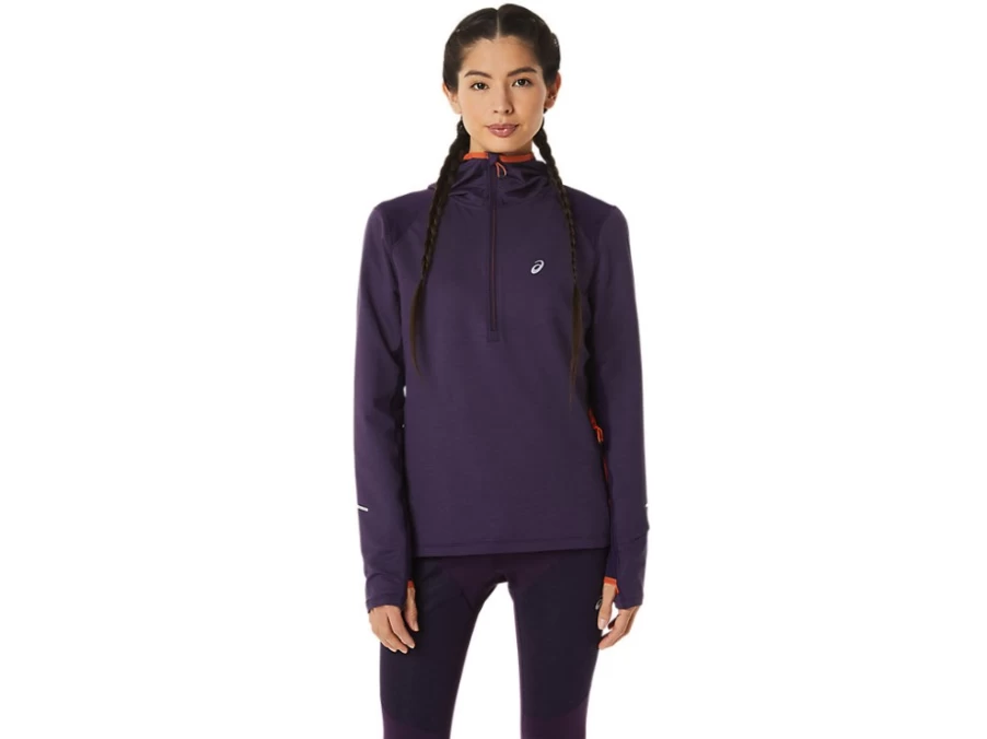 ASICS Women's Winter Run Long Sleeve Hoodie in Night Shade Heather & Nova Orange