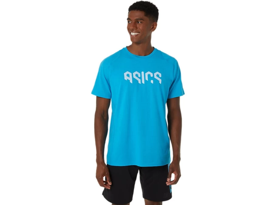 ASICS Men's Island Blue Heather Hex Graphic Cotton Blend Short Sleeve T-Shirt