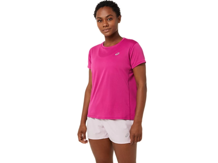 ASICS Women's Fuchsia Red Silver Short Sleeved Top
