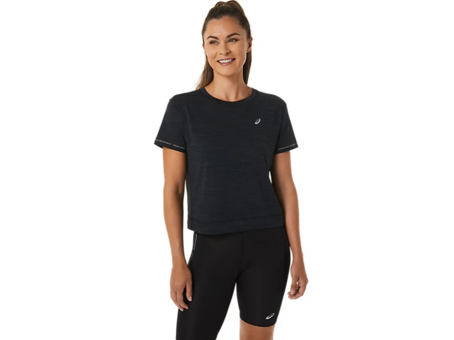 ASICS Women's Race Crop Top in Performance Black/Charcoal Grey - Athletic Running Shirt