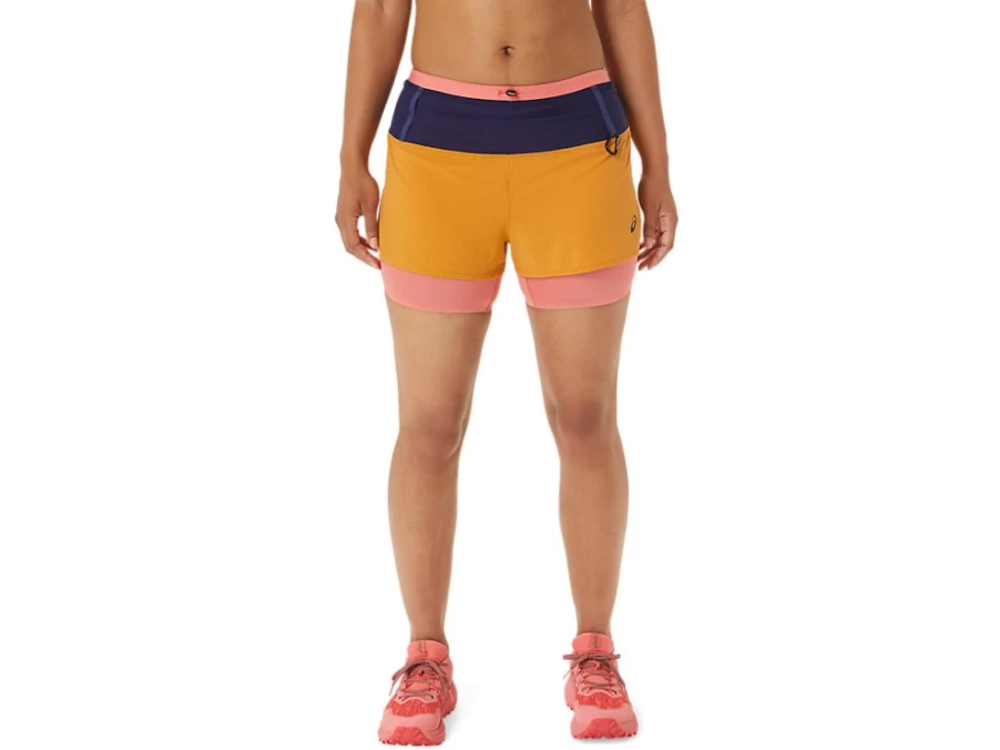 ASICS Women's Fujitrail 2-in-1 Running Shorts in Sandstorm/Papaya Color