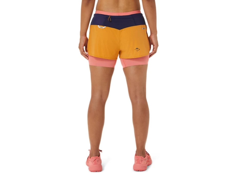 ASICS Women's Fujitrail 2-in-1 Running Shorts in Sandstorm/Papaya Color