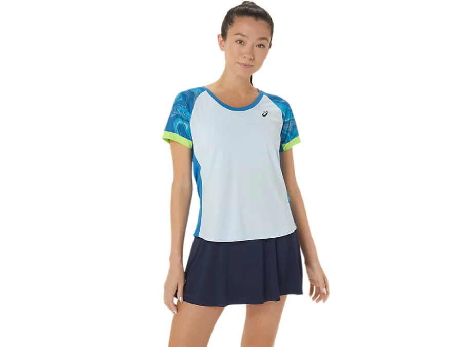 ASICS Women's Reborn Blue/Sky Graphic Court Short Sleeve Top