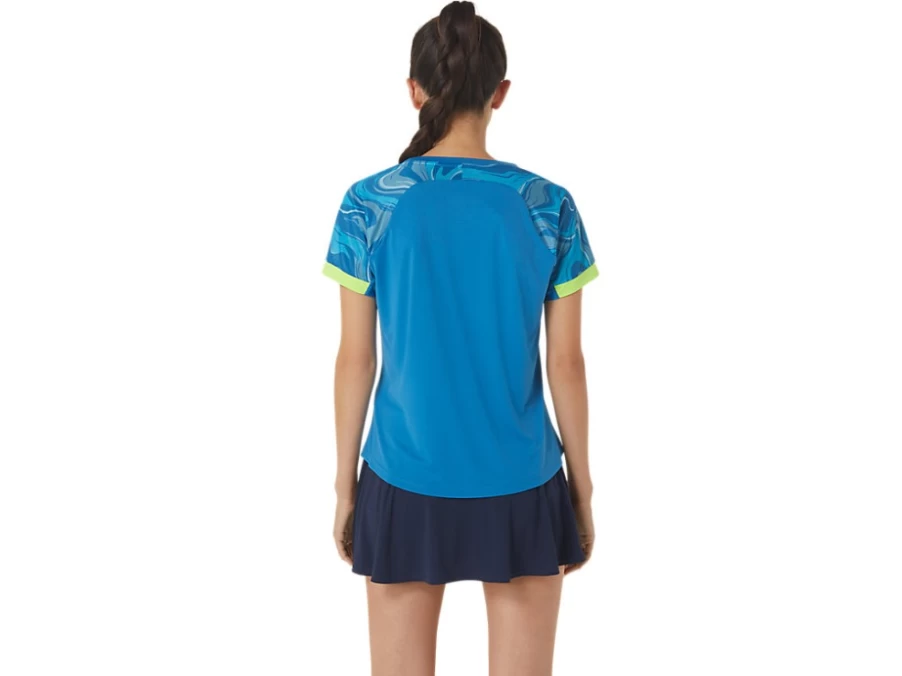 ASICS Women's Reborn Blue/Sky Graphic Court Short Sleeve Top
