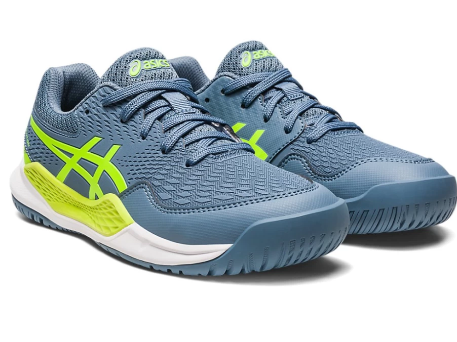 ASICS Kids Gel Resolution 9 GS Tennis Shoes in Steel Blue/Hazard Green