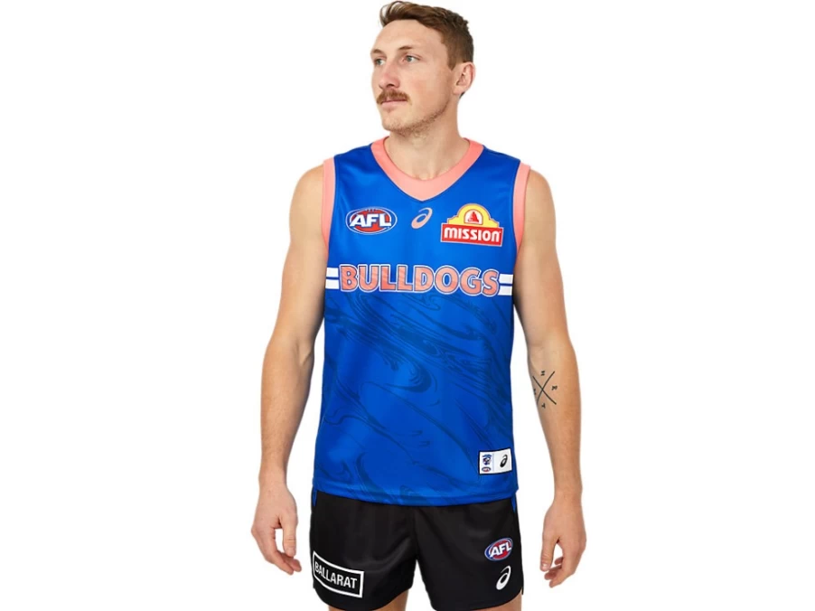 ASICS Mens Electric Blue Western Bulldogs Replica Training Guernsey - Official AFL Jersey