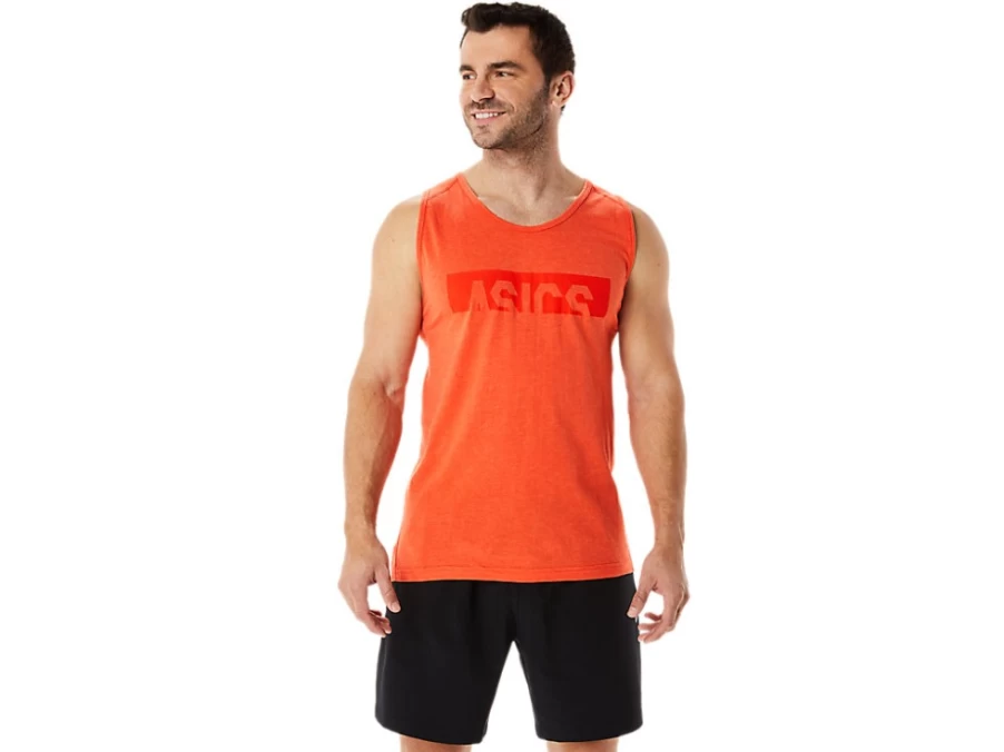 ASICS Men's Print Tank Top in Cherry Tomato Heather Color