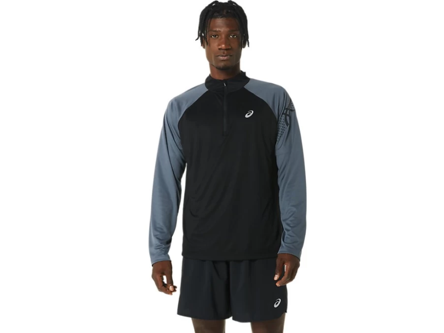 ASICS Men's Icon Long Sleeve 1/2 Zip Top in Performance Black & Carrier Grey