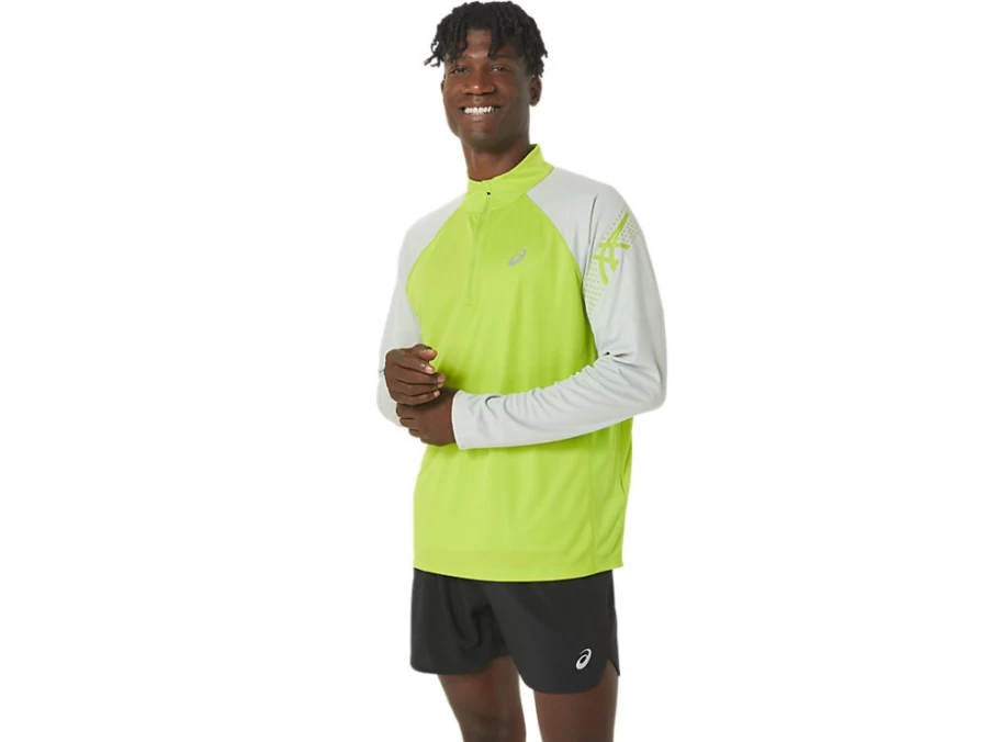 ASICS Men's Icon Long Sleeve 1/2 Zip Top in Lime Zest & Light Sage