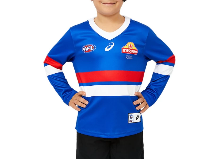 ASICS Electric Blue Western Bulldogs Replica Home Guernsey Long Sleeve Kids Jersey