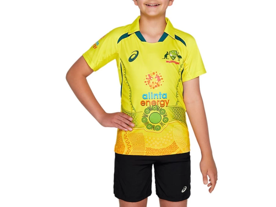 ASICS Kids Cricket Australia Indigenous Replica Shirt - Blazing Yellow Youth Jersey