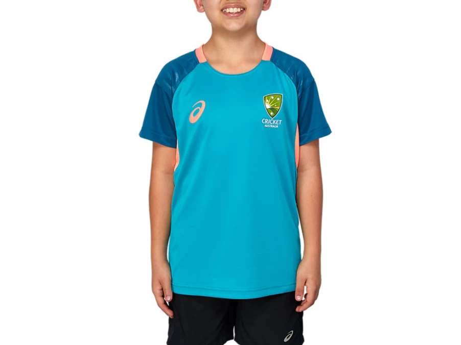 ASICS Kids Cricket Training Tee - Lagoon Color Youth Jersey for Junior Sports